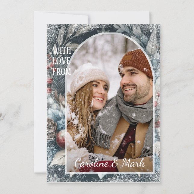 Tarjeta Festiva Personalizado Copos de nieve y guirnaldas botánica (Anverso)