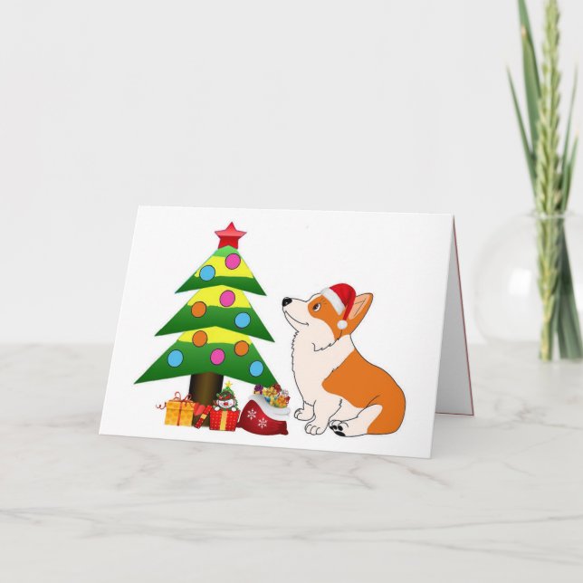 Tarjeta Festiva Personalizado Corgi de vacaciones con árbol (Anverso)