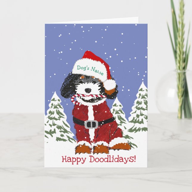 Tarjeta Festiva Personalizado Cute Mano Dibujó Bernedoodle Santa D (Anverso)