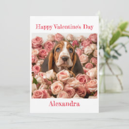 Tarjeta Festiva Personalizado de Basset en Rosas Valentine