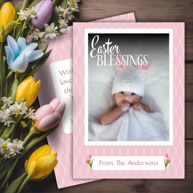 Tarjeta Festiva Personalizado de Bendición de Pascua Rosa Pastel d (Sweet Pastel Pink Easter Blessings Custom Photo Holiday Card)