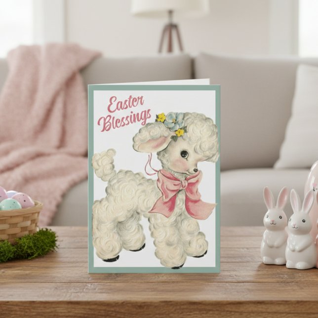 Tarjeta Festiva Personalizado de Bendiciones de Semana Santa de Co (Vintage Retro Lamb Cute Easter Blessings Custom Holiday Card)