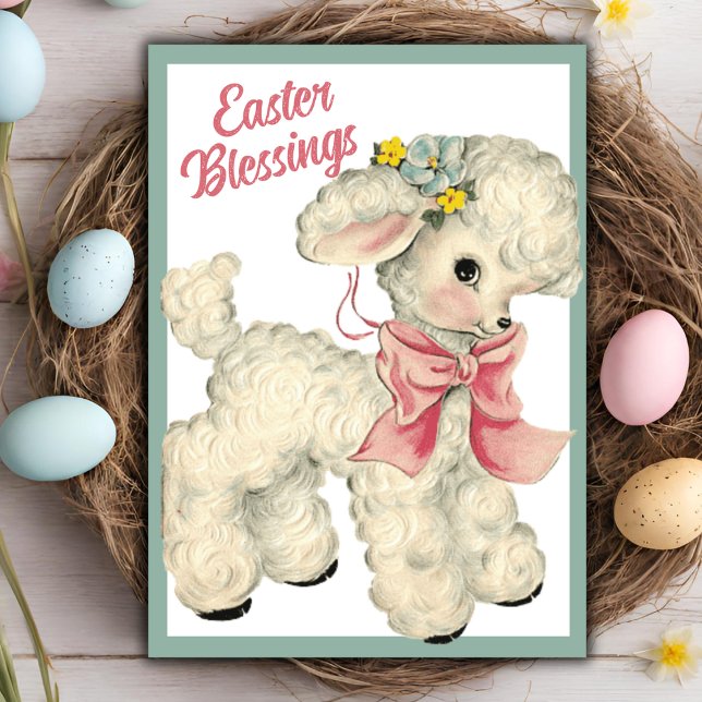 Tarjeta Festiva Personalizado de Bendiciones de Semana Santa de Co (Vintage Retro Lamb Cute Easter Blessings Custom Holiday Card)