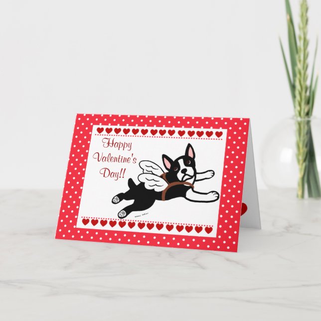 Tarjeta Festiva Personalizado de Boston Terrier Angel Corazón Vale (Anverso)