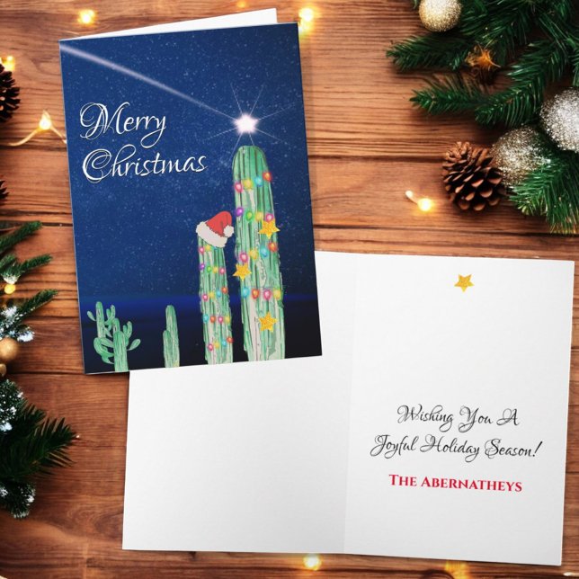 Tarjeta Festiva Personalizado de Cactus del Suroeste de la Estrell (Christmas greeting card cover and inside template text)