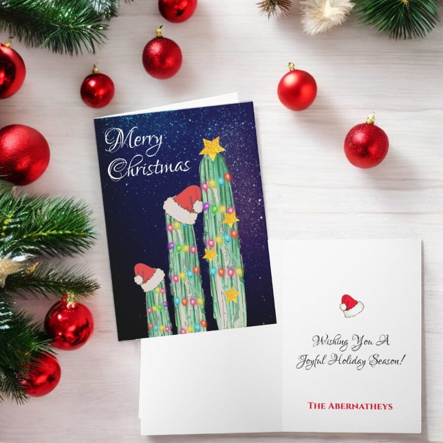 Tarjeta Festiva Personalizado de Cactus del Suroeste de la Noche S (Christmas folding greeting card cover and inside template text)