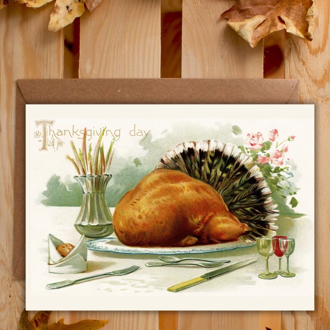 Tarjeta Festiva Personalizado de cena de Turquía en el Día de Acci (Vintage Thanksgiving Day Turkey Dinner Custom Holiday Card)