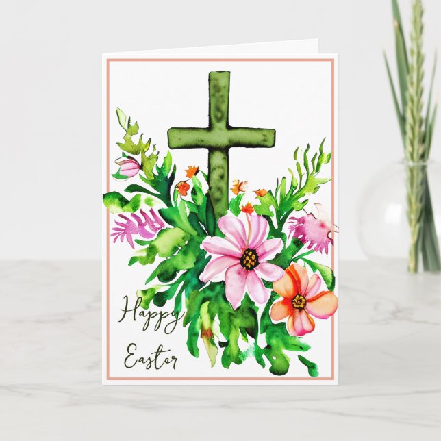 Tarjeta Festiva Personalizado de cruz floral acuarela Pascua (Anverso)