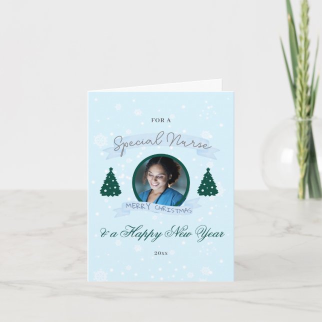 Tarjeta Festiva Personalizado de enfermería foto Navidades de árbo (Anverso)
