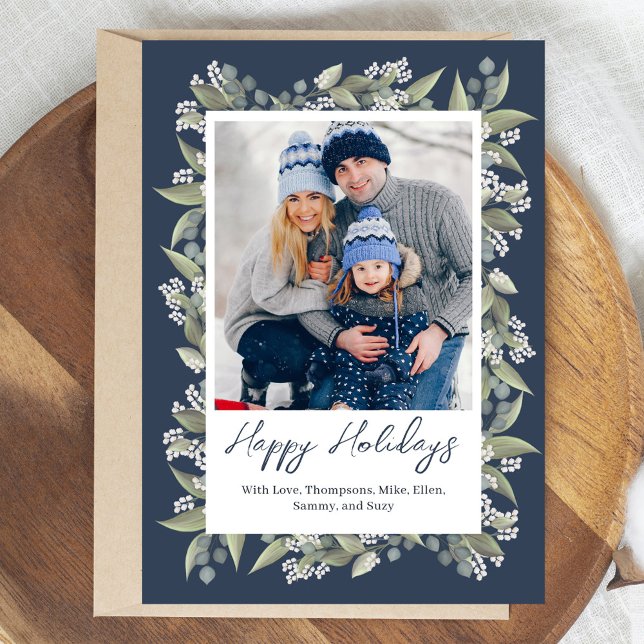 Tarjeta Festiva Personalizado de fotos de Navy Blue Happy Holidays (Happy Holiday Custom Christmas photo card. )