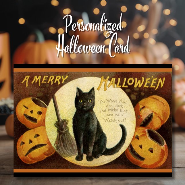 Tarjeta Festiva Personalizado de Halloween de merry de gato negro  (Vintage Retro Black Cat Merry Halloween Downloadable Custom Card with editable text. Just add names!)