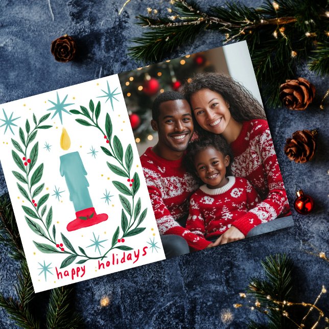 Tarjeta Festiva Personalizado de la mano de velas de Felices Fiest (Happy Holidays Candle Hand Drawn CUSTOM PHOTO Holiday Card
)