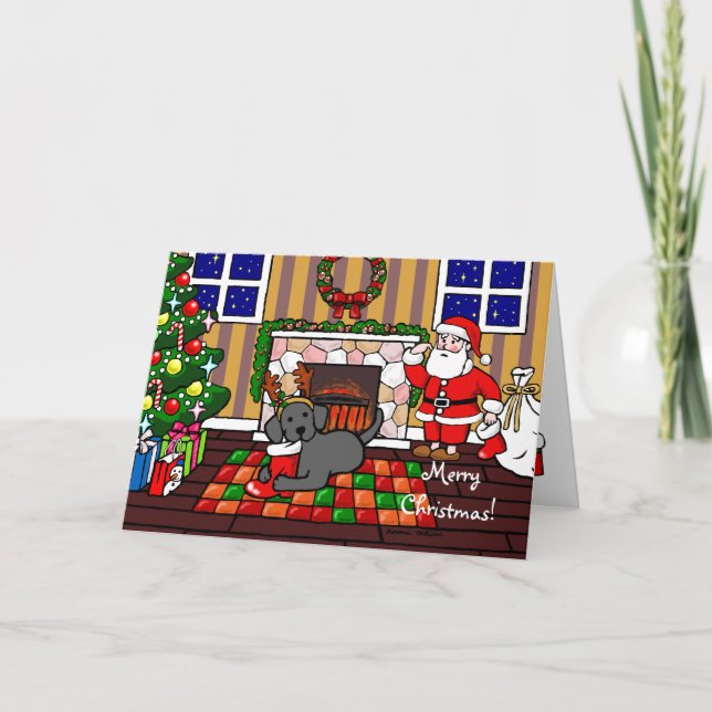 Tarjeta Festiva Personalizado de Labrador Negro y Navidades Santa (Anverso)