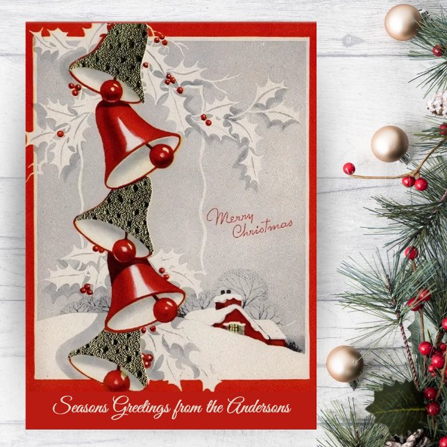 Tarjeta Festiva Personalizado de las campanas de los Navidades de  (Vintage Retro Snowcapped Christmas Bells Custom Holiday Card)
