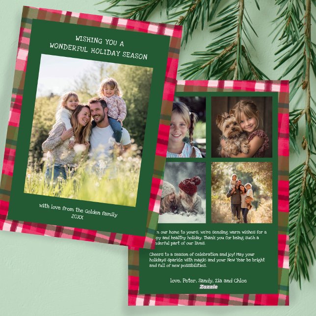 Tarjeta Festiva Personalizado de Navidades artesanales de color ac (Watercolor Plaid Handmade Rustic Christmas Custom 5 Photo Family Holiday Card
)