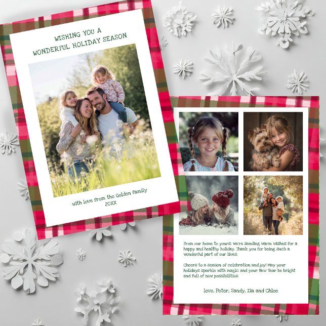 Tarjeta Festiva Personalizado de Navidades artesanales de color ac (Watercolor Plaid Handmade Christmas Custom 5 Photo Holiday Card
)