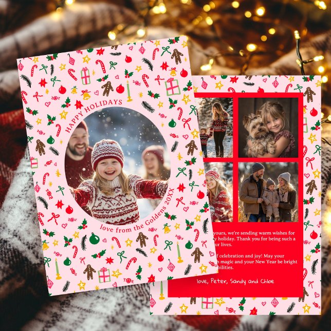 Tarjeta Festiva Personalizado de Navidades de Doodle caprichosos 5 (Whimsical Doodle Christmas Custom 5 Photo Collage Holiday Card
)