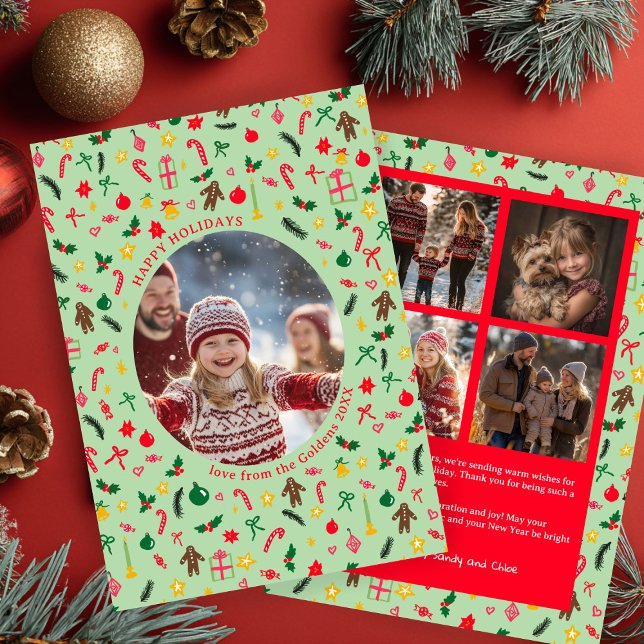 Tarjeta Festiva Personalizado de Navidades de Doodle caprichosos 5 (Whimsical Doodle Christmas Hand-Drawn pattern Custom 5 Photo Collage Holiday Card
)