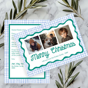 Tarjeta Festiva Personalizado de Navidades Gingham Wavy Blue Green