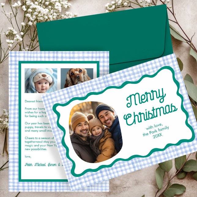 Tarjeta Festiva Personalizado de Navidades Gingham Wavy Blue Green (Gingham Wavy Blue Green Christmas Custom 3 Photo Holiday Card
)