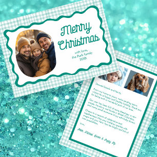 Tarjeta Festiva Personalizado de Navidades Gingham Wavy Green 3 Fo
