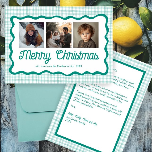 Tarjeta Festiva Personalizado de Navidades Gingham Wavy Green 3 Fo (Gingham Wavy Green Christmas Custom 3 Photo Holiday Card
)