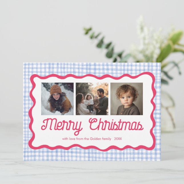 Tarjeta Festiva Personalizado de Navidades rosados de Gingham Wavy (Anverso de pie)