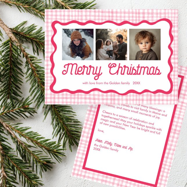 Tarjeta Festiva Personalizado de Navidades rosados Gingham Wavy 3  (Gingham Wavy Pink Christmas Custom 3 Photo Holiday Card
)