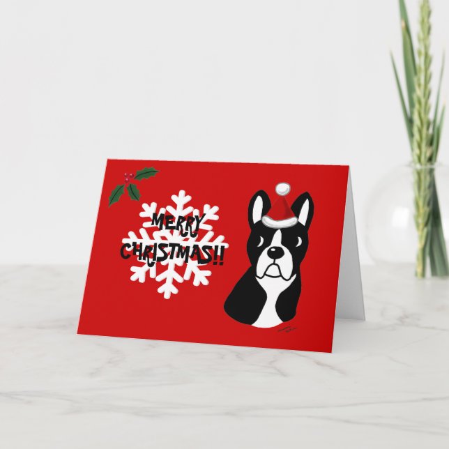 Tarjeta Festiva Personalizado de Navidades Terrier de Boston Snowf (Anverso)