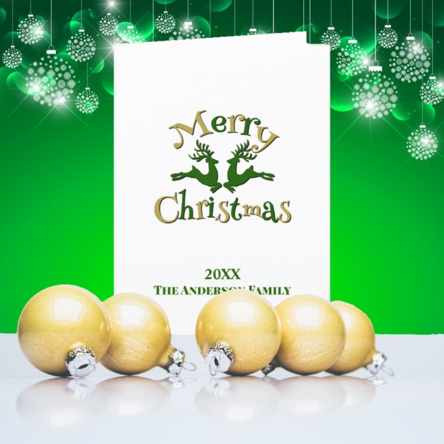 Tarjeta Festiva Personalizado de oro verde foto reno navideño Feli (Subido por el creador)