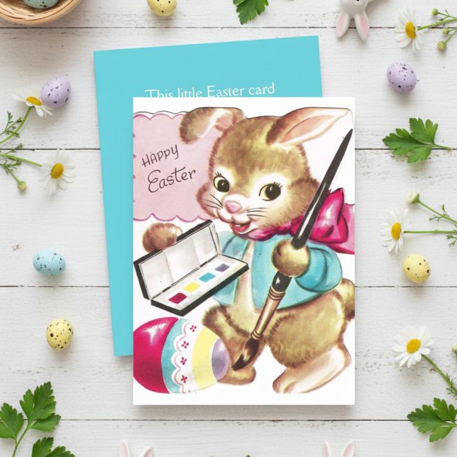 Tarjeta Festiva Personalizado de pintura de conejo retro de época  (Vintage Retro Bunny Painting Custom Happy Easter Holiday Card. Add your name &/or a special message!)