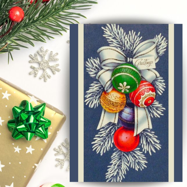 Tarjeta Festiva Personalizado de pulverización de ornamentos de Na (Vintage Retro Christmas Ornaments Spray Custom Holiday Card. Add a special message and your name!)