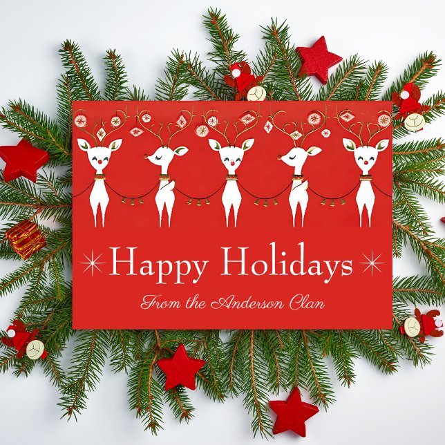 Tarjeta Festiva Personalizado de renos navideños de mediados de si (Mid Century Vintage Christmas Reindeer Custom Holiday Card)
