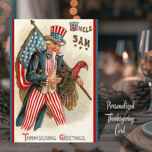Tarjeta Festiva Personalizado de Saludos Saludables del Día de Gra (Vintage Uncle Sam Thanksgiving Greetings Custom Card with editable text. Just add your name!)