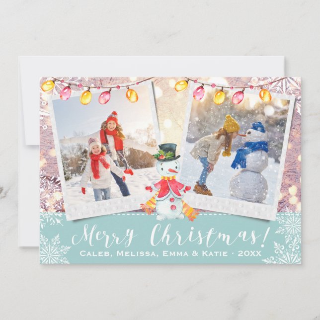 Tarjeta Festiva Personalizado de Snowman 2-Foto | Azul hielo y bla (Anverso)