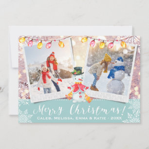 Tarjeta Festiva Personalizado de Snowman 2-Foto   Azul hielo y bla