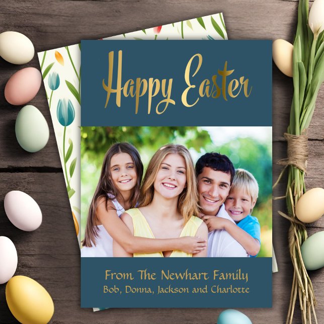 Tarjeta Festiva Personalizado del guión de oro de Pascua feliz (Happy Easter Gold Script Custom Photo Holiday Card)