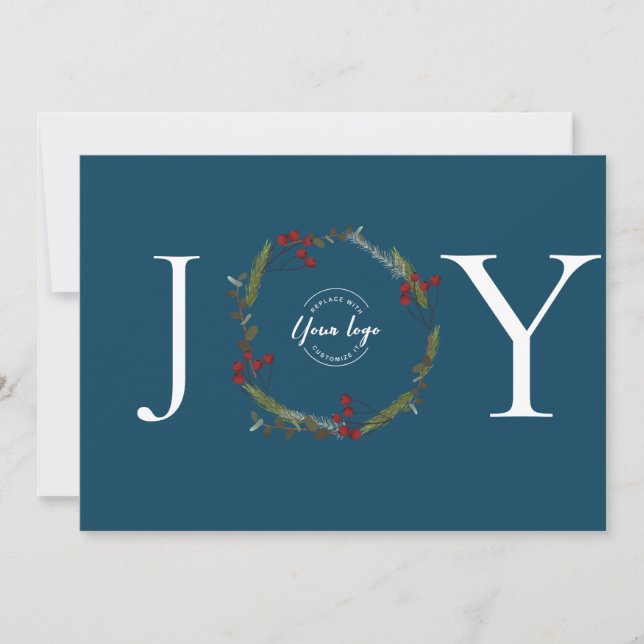 Tarjeta Festiva Personalizado del logo de Holly Pine Wreath Joy Bl (Anverso)