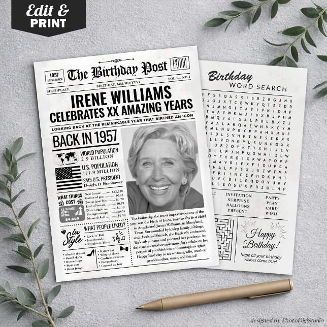 Tarjeta Festiva Personalizado en la edición de 1957 de la carta de (Custom Back in 1957 Newspaper Birthday Card, Trend Holiday Card)