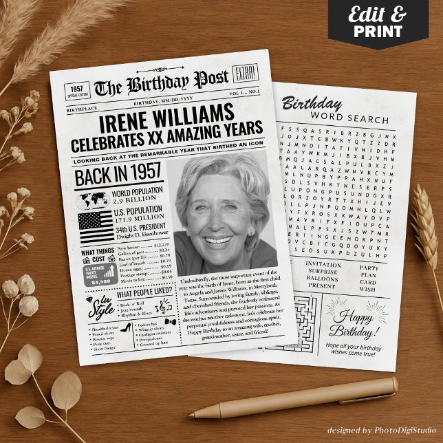 Tarjeta Festiva Personalizado en la edición de 1957 de la carta de (Custom Back in 1957 Newspaper Birthday Card, Trend Holiday Card)