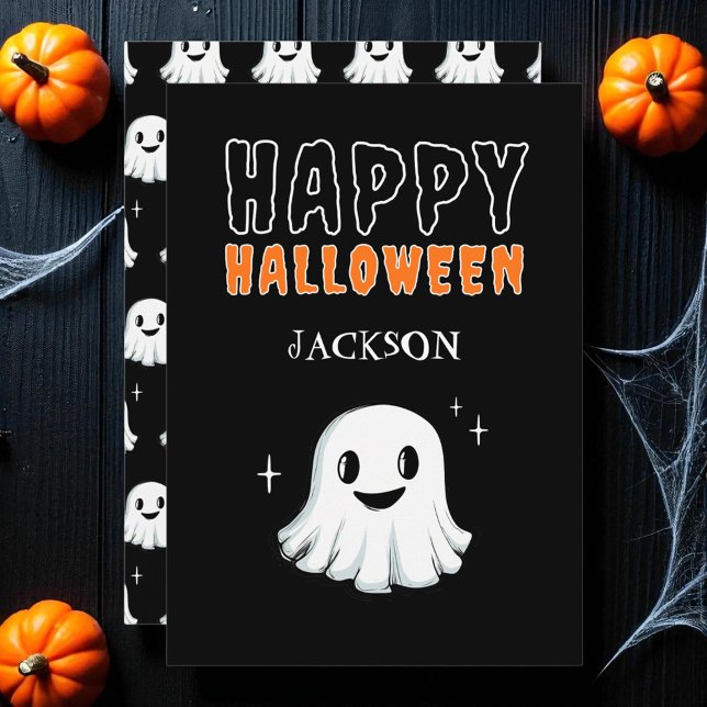 Tarjeta Festiva Personalizado fantasma negro feliz Halloween (Black Cute Ghost Spooky Custom Happy Halloween Holiday Card)