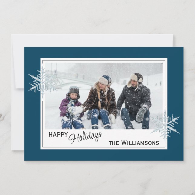 Tarjeta Festiva Personalizado Faux Silver Snowflakes On Dark Blue (Anverso)