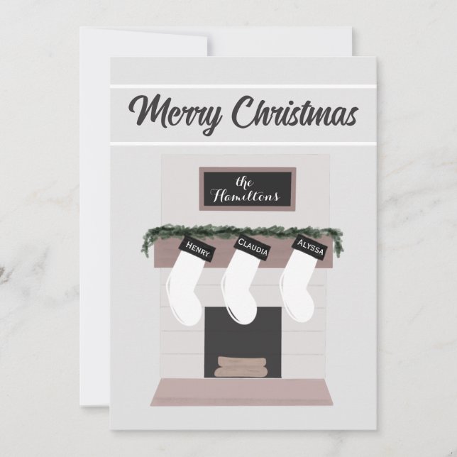 Tarjeta Festiva Personalizado Fireplace Mantle Family Stocking (Anverso)