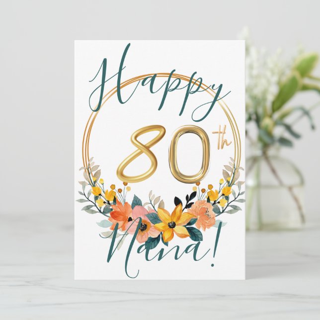 Tarjeta Festiva Personalizado Floral Happy 80th Birthday Card (Anverso de pie)