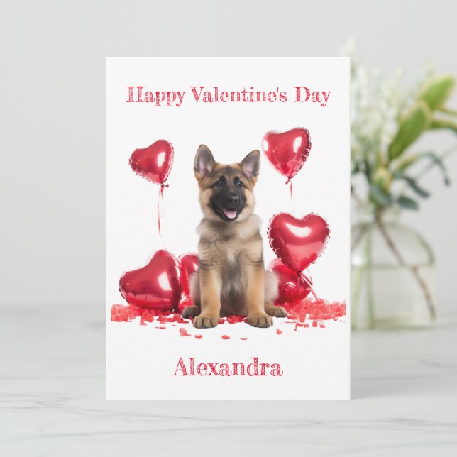 Tarjeta Festiva Personalizado German Shepherd Pup Heart Balloon Va (Anverso de pie)