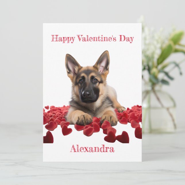 Tarjeta Festiva Personalizado German Shepherd Velvet Hearts Valent (Anverso de pie)