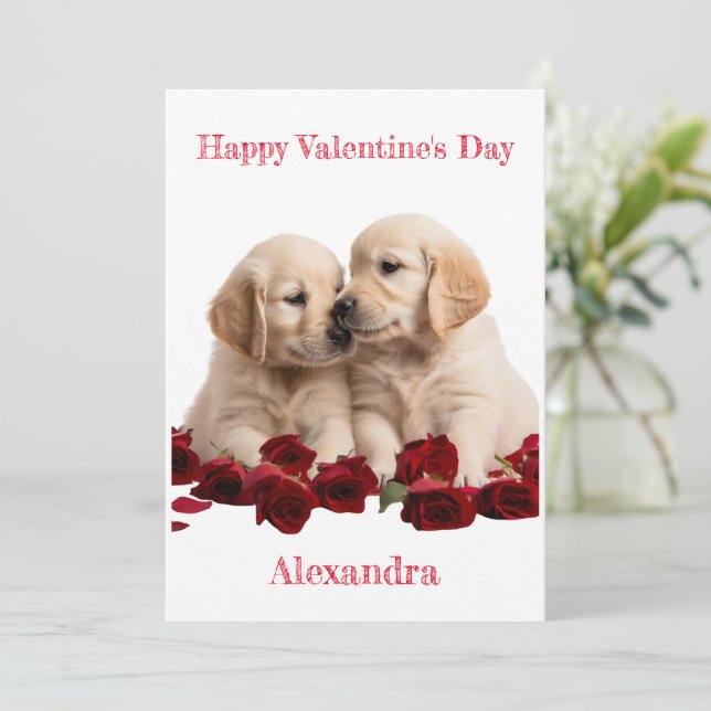 Tarjeta Festiva Personalizado Golden Retriever cachorros besando S (Anverso de pie)