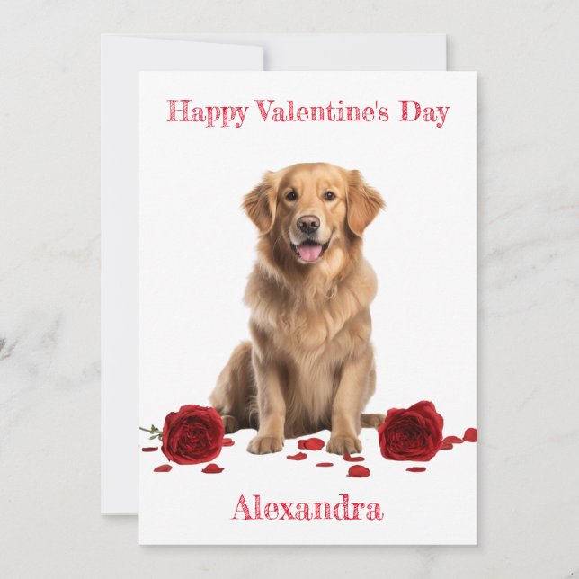 Tarjeta Festiva Personalizado Golden Retriever con Red Roses Valen (Anverso)