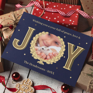 Tarjeta Festiva Personalizado Hamster Photo Blue Gold Joy Navidade