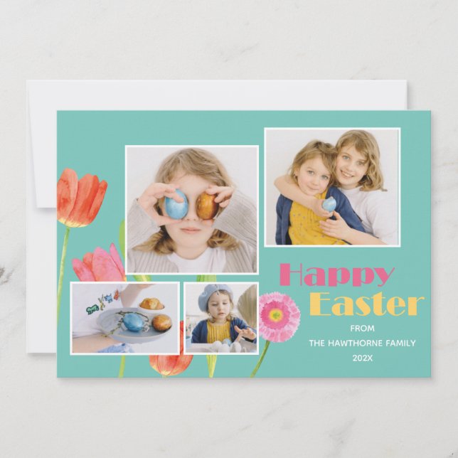 Tarjeta Festiva personalizado "Happy Easter" 4 Foto floral moderna (Anverso)